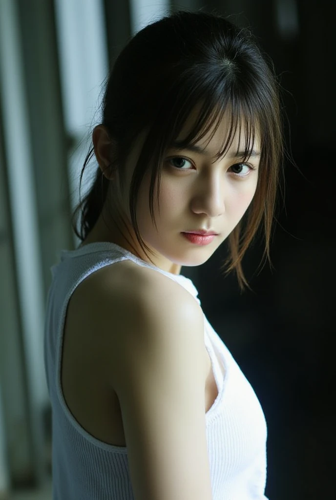 (((Karate clothes)))、(karate uniform:1.3),martial arts belt,(fighting stance:1.3),((Ponytail with bangs))、(Female Karateka)、shiny skin、((Turn your face away))、((look sideways))、face is flushed、(Watery eye)、(((Karate Dojo)))、((delicate pictureasterpiece detailed RAW photos:1.25), (highest quality:1.6), (Super high resolution:1.5), (realistic:1.75), 8K resolution, Canon EOS R5, 50mm, absurd, super detailed,cinematic lighting,(no bra),cleavage,(nipples slip),