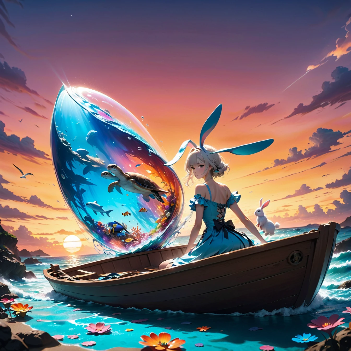 Rabbit girl sitting in a boat on the water, innocent expression,Little rabbit beside a girl,Long white hair and hairy rabbit ears, Rabbit ears are inspired by entangling leaf tips,Softly drawn fur, Cute dress with lots of frills and lace,The color is white 、Embroidered Designs Reflecting Rabbit Characteristics,White Socks with Rabbit Footprints,One third of the painting depicts underwater,Rabbit girl's feet are sinking into the ocean,Many tropical fish in the sea,Sea Turtle,colorful flowers blooming in the ocean々,jellyfish that emits light ,Sunset and white clouds,Shadows on clouds、Make it three-dimensional, Planet, Flying seagulls, anime picture inspired by Makoto Shinkai, conceptual art , Amazing dreamy art,Highly detailed and accurate painting, Colorful in Futuristic Hues , retrofuturistic digital painting, Amazing Anime ,Blue Ocean and Orange Sky Anime Wallpaper, Blue Ocean Reflecting the Sunset,Works by Makoto Xin Haicheng , So Unreal ,Ephemeral、 mystical ,Golden Hour Sunset and Gradient Sky