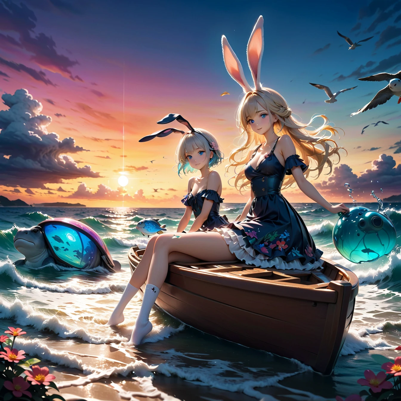 Rabbit girl sitting in a boat on the water, innocent expression,Little rabbit beside a girl,Long white hair and hairy rabbit ears, Rabbit ears are inspired by entangling leaf tips,Softly drawn fur, Cute dress with lots of frills and lace,The color is white 、Embroidered Designs Reflecting Rabbit Characteristics,White Socks with Rabbit Footprints,One third of the painting depicts underwater,Rabbit girl's feet are sinking into the ocean,Many tropical fish in the sea,Sea Turtle,colorful flowers blooming in the ocean々,jellyfish that emits light ,Sunset and white clouds,Shadows on clouds、Make it three-dimensional, Planet, Flying seagulls, anime picture inspired by Makoto Shinkai, conceptual art , Amazing dreamy art,Highly detailed and accurate painting, Colorful in Futuristic Hues , retrofuturistic digital painting, Amazing Anime ,Blue Ocean and Orange Sky Anime Wallpaper, Blue Ocean Reflecting the Sunset,Works by Makoto Xin Haicheng , So Unreal ,Ephemeral、 mystical ,Golden Hour Sunset and Gradient Sky