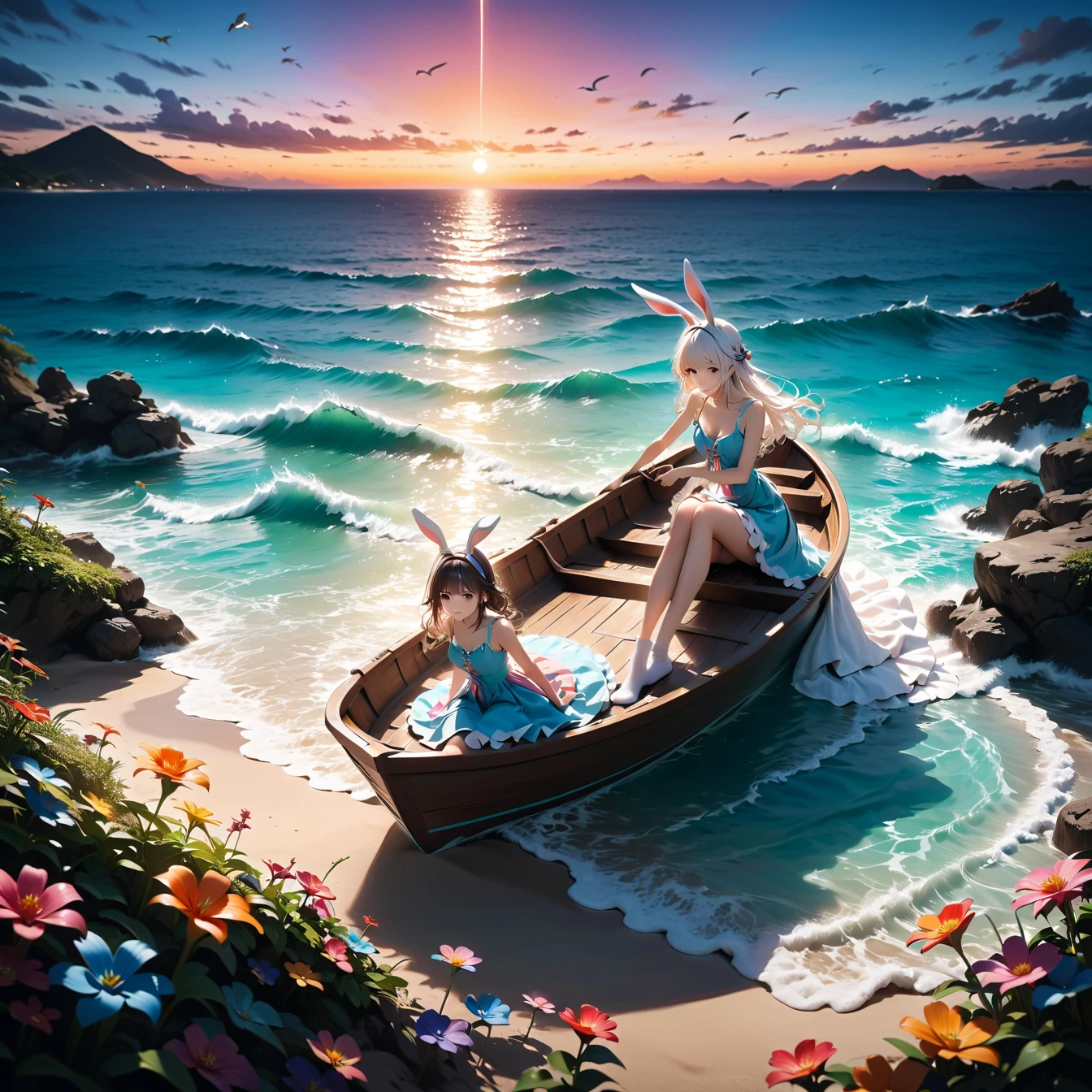 Rabbit girl sitting in a boat on the water, innocent expression,Little rabbit beside a girl,Long white hair and hairy rabbit ears, Rabbit ears are inspired by entangling leaf tips,Softly drawn fur, Cute dress with lots of frills and lace,The color is white 、Embroidered Designs Reflecting Rabbit Characteristics,White Socks with Rabbit Footprints,One third of the painting depicts underwater,Rabbit girl's feet are sinking into the ocean,Many tropical fish in the sea,Sea Turtle,colorful flowers blooming in the ocean々,jellyfish that emits light ,Sunset and white clouds,Shadows on clouds、Make it three-dimensional, Planet, Flying seagulls, anime picture inspired by Makoto Shinkai, conceptual art , Amazing dreamy art,Highly detailed and accurate painting, Colorful in Futuristic Hues , retrofuturistic digital painting, Amazing Anime ,Blue Ocean and Orange Sky Anime Wallpaper, Blue Ocean Reflecting the Sunset,Works by Makoto Xin Haicheng , So Unreal ,Ephemeral、 mystical ,Golden Hour Sunset and Gradient Sky