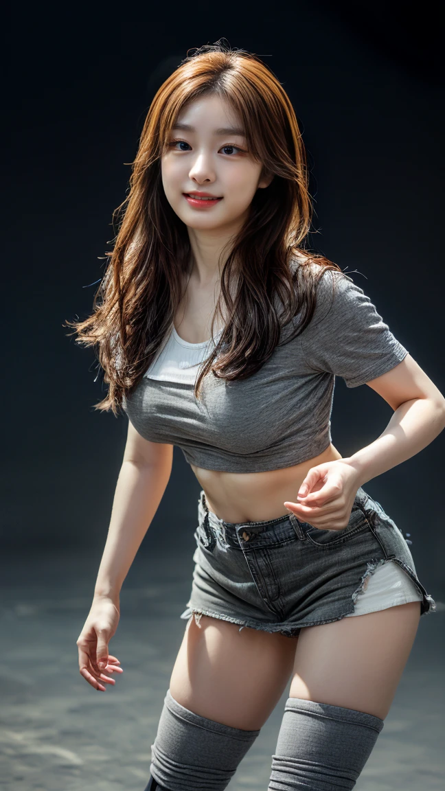 A pretty korean woman, age 25 years old, 180 cm, tall figure, flowy hair, blonde hair, glossy lips, smiling, saggy breasts , braless, wearing white tight shirt with u-neck spandex short-sleeve and short shorts, stilettos, high heels, long legs, open the legs, pushes chest, show armpit, sexy, seductive, full body, front view, night, at large abandoned mall, ruined floor, ruined wall, glass ceiling, candid, detailed face, dynamic light, 8K, masterpiece, ultra detailed, flashlight, studio lighting, led lighting, fogging, smokey, movie scene, dramatic photo, cinematic, conceptual, perspective, vignette