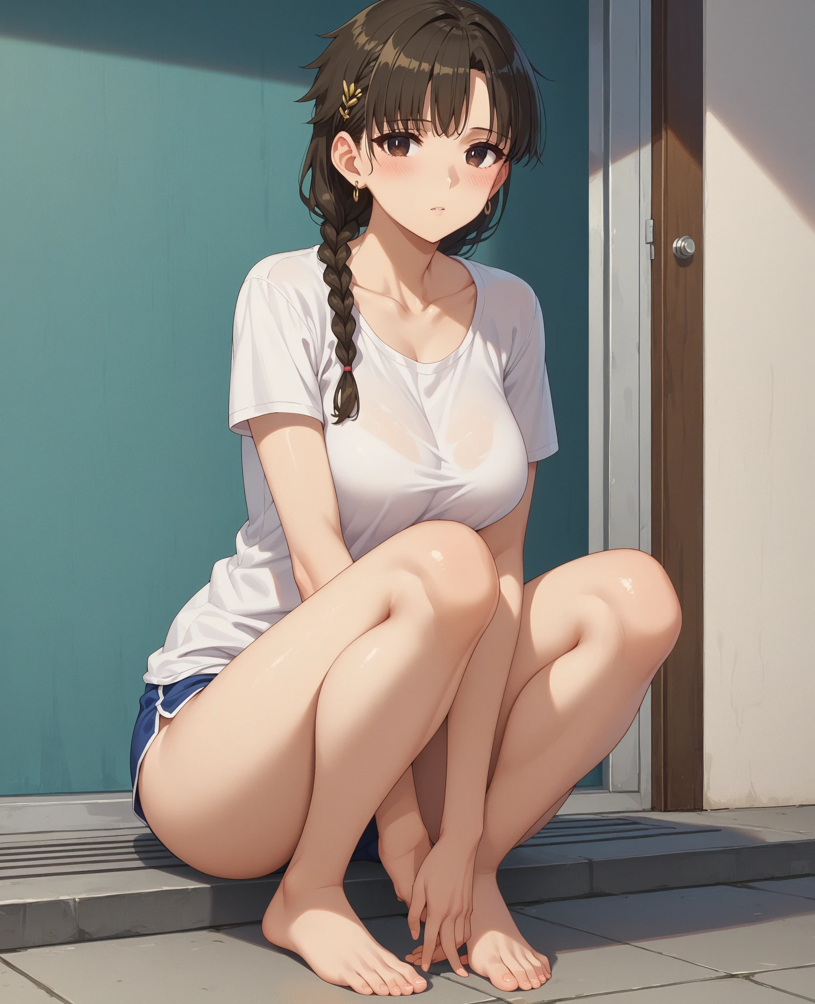 Residential Street,squat,1 ,ponytail,Black Hair,blush,White T-shirt,Olive green shorts,Brown Sandals,White skin,summer,White cap,From below,Cat paw pose,Tempered,Surprised,shy,Sweat,Open your mouth,