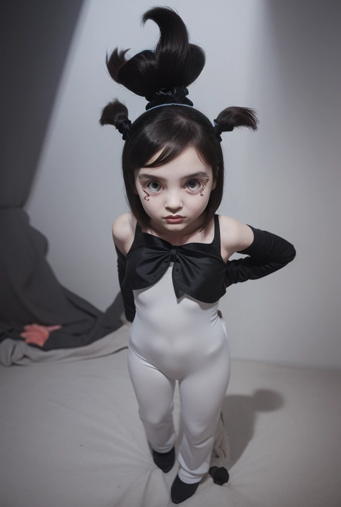 pov,realistic, crowd, complex light, 1girl ,(child toddler:1.1) ,solo, full body, cosplay ,lucy loud, <lora:lucy_loud1-10:0.75> ,black hair, (hair over eyes:1.2), (bangs covering eyes:1.1), black dress, striped pantyhose, standing, stripe arm sleeves,striped, skinny, <lora:de:0.6> photo background,