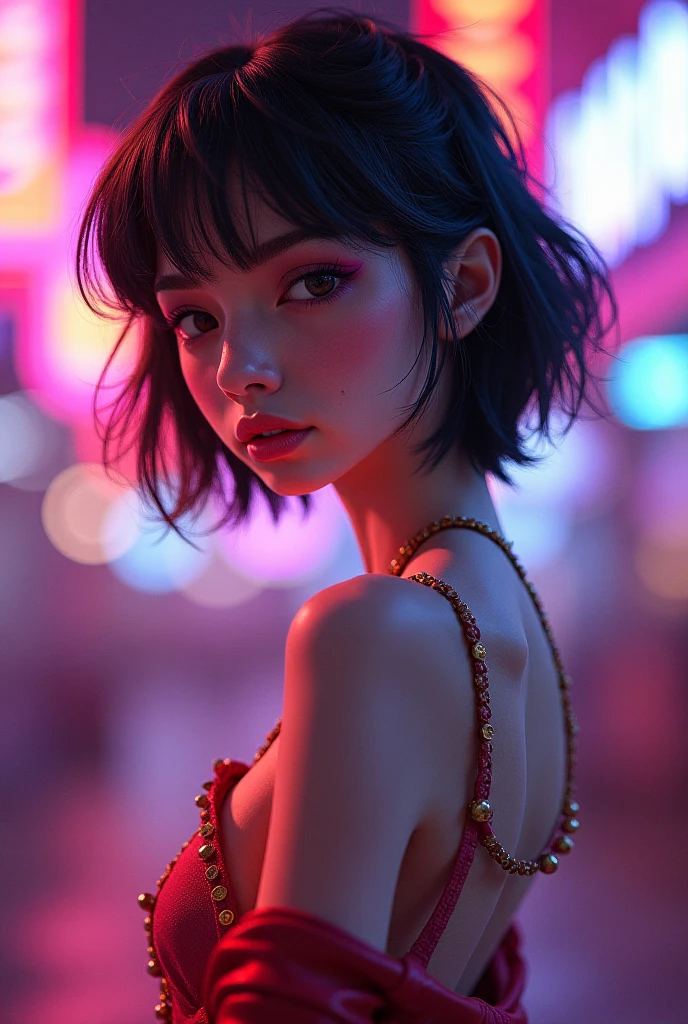 1 girl, breasts, short hair, smile, blue eyes, underwear, neon