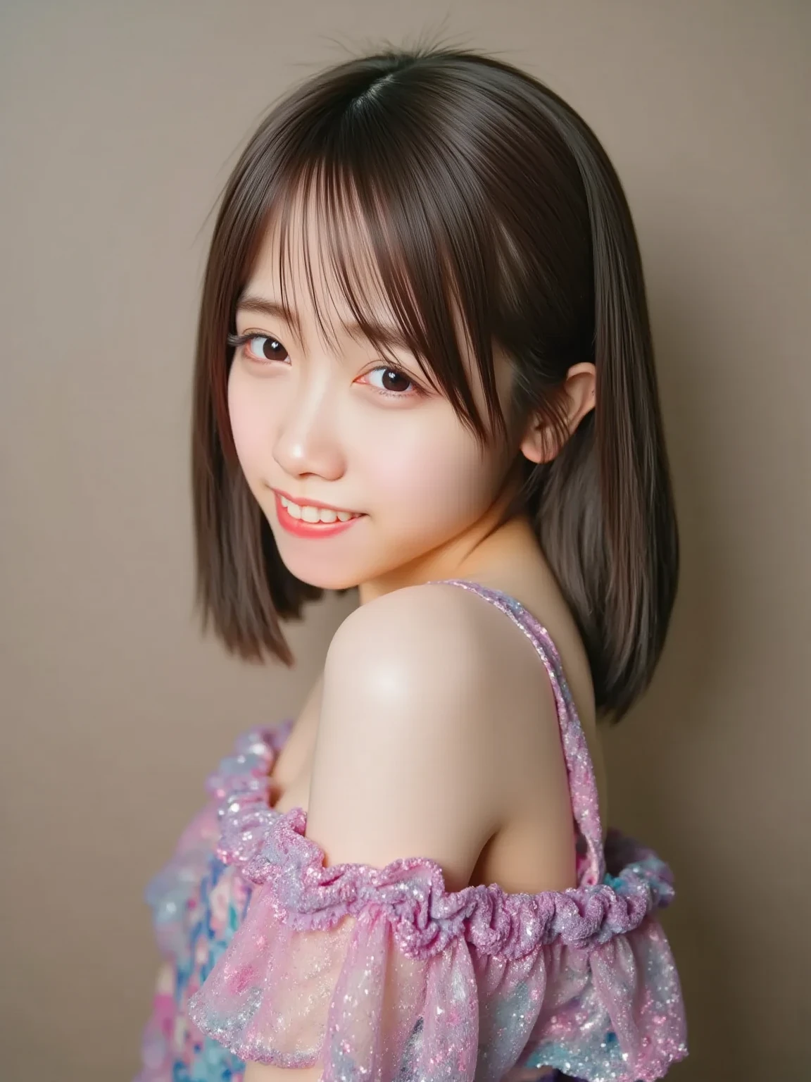 masterpiece、highest quality、super realistic、Ultra high definition、8k、Raw photo、textured skin、One Nogizaka girl、(16 years old、medium bob hair、bangs、black hair、floating hair、slim、delicate body、skinny、A sloppy smile、embarrassing、blush:1.2)、(White top and bottom underwear with pink embroidery:1.5)、stand in the kitchen、Holding a pot、(fluorescent light、dim、Backlight、flare、film grain、cowboy shot、profile、It&#39;s blurry、super long shot、ultra wide angle、Sigma 85mm F/1.4)、finder
