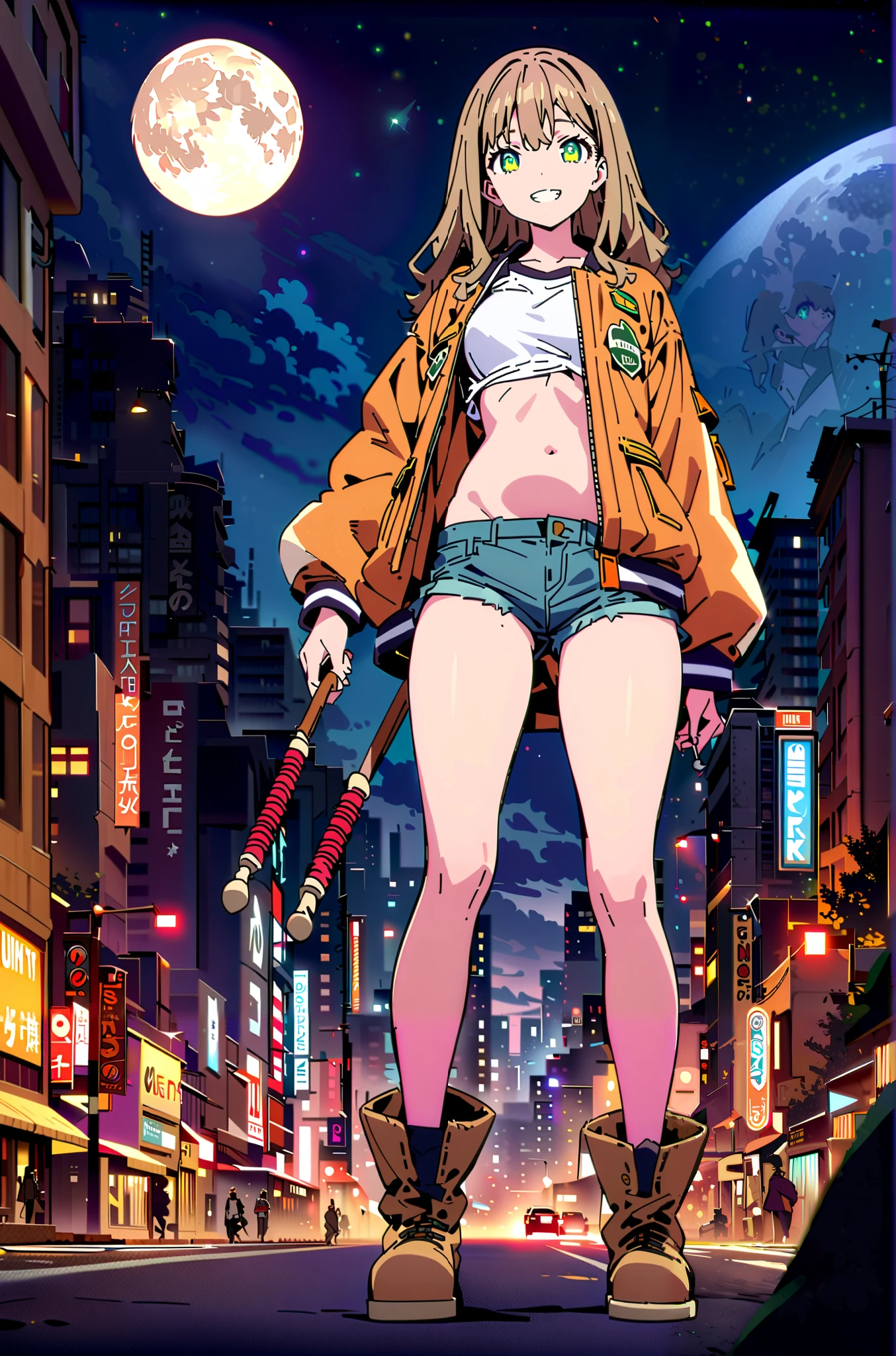 yume minami, long hair, brown hair, green eyes, bungs,smile,cover, grin ,Half Up Do Medium Breast,Riders Jacket, white tank top,belly button stick,under boob,Denim Micro Shorts,Bare legs,boots,Nōn,night,moon,is standing,full bodyがillustrationに入るように,break outdoors, City,
break looking at viewer,full body,
break (masterpiece:1.2), best quality, high resolution, Unity 8k Wallpaper, (illustration:0.8), (beautiful detailed eyes:1.6), very detailed face, so that it fits into the illustration, extremely detailed CG, (curved body, Complete anatomy),