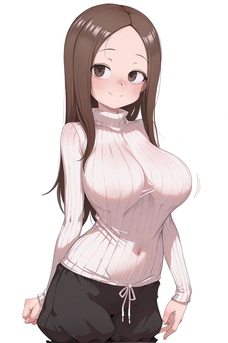 Highly detailed illustration、Ultra-detailed illustrations、Ultra-precise expression、masterpiece、Highest quality、ultraHigh resolution、High resolution、perfect anatomy、detailed、extremely detailed CG、unity 8k wallpaper、takeda hiromitsu style、White Background、Simple Background、Mature Woman、One person、Long Hair、long hair、Glasses、Grey Eyes、Alluring expression、smile、Big Breasts、White Breath、Sweat、Turtleneck sweater、Sleeveless、Tight Skirt、Fishnet tights、Teardrop、