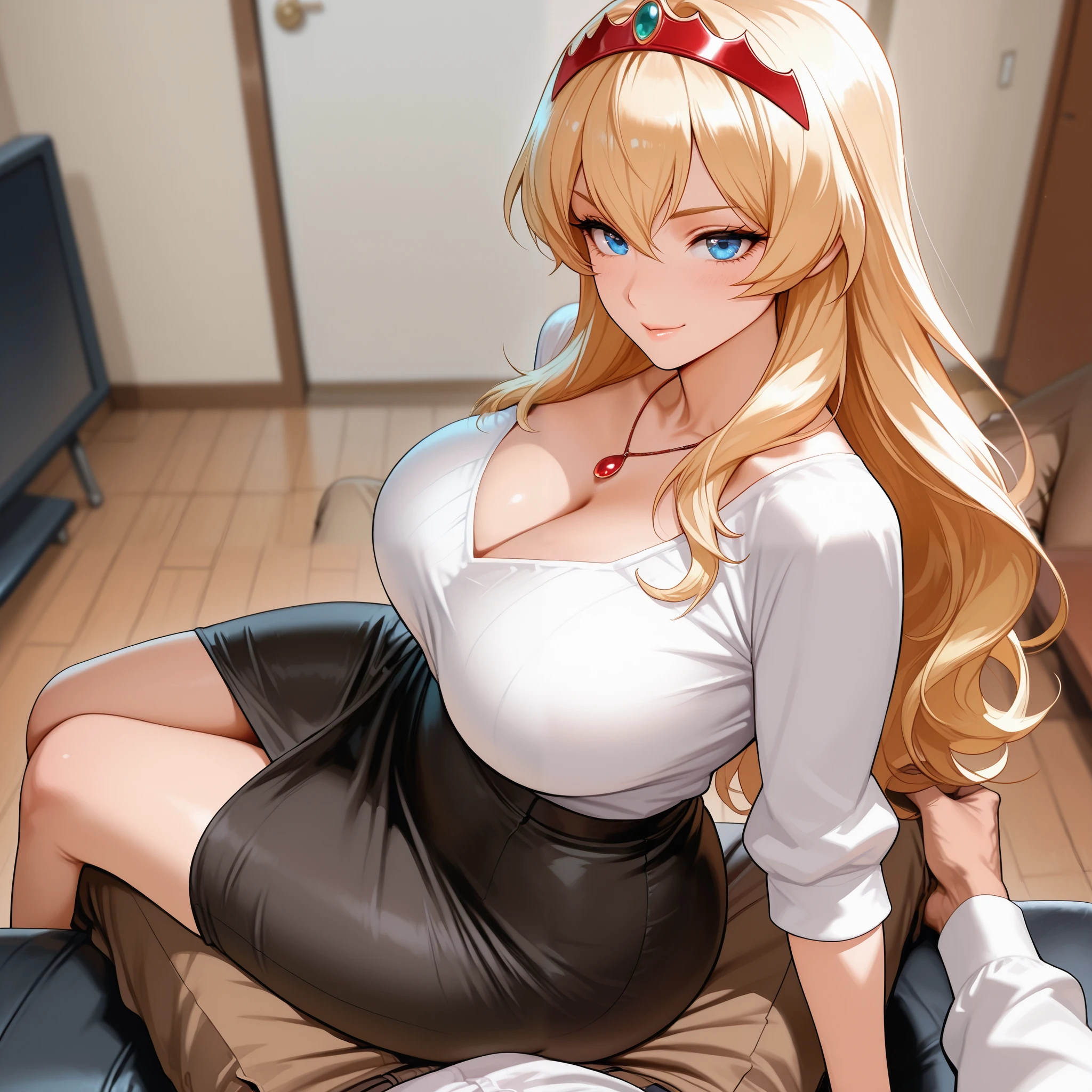 masterpiece, (high quality:1.1), intricate details, cinematic lighting, motion lines,
Kyouko is sitting on sofa,  1girl, mature female, milf, solo, sitting, full body, gyaru,  crossed legs, 
(looking at viewer:1.1), blush, smirk, smile,
blonde hair, long hair, red eyes, (mole under mouth:0.9), makeup, lips, shiny,
school uniform, black bra, white shirt, open clothes, plaid skirt, white (leg warmers:1.2), (loose socks:1.15),  no shoes,
curvy, huge breasts, cleavage, 
indoors, room, wall, window,
<lora:Kyouko:1>
