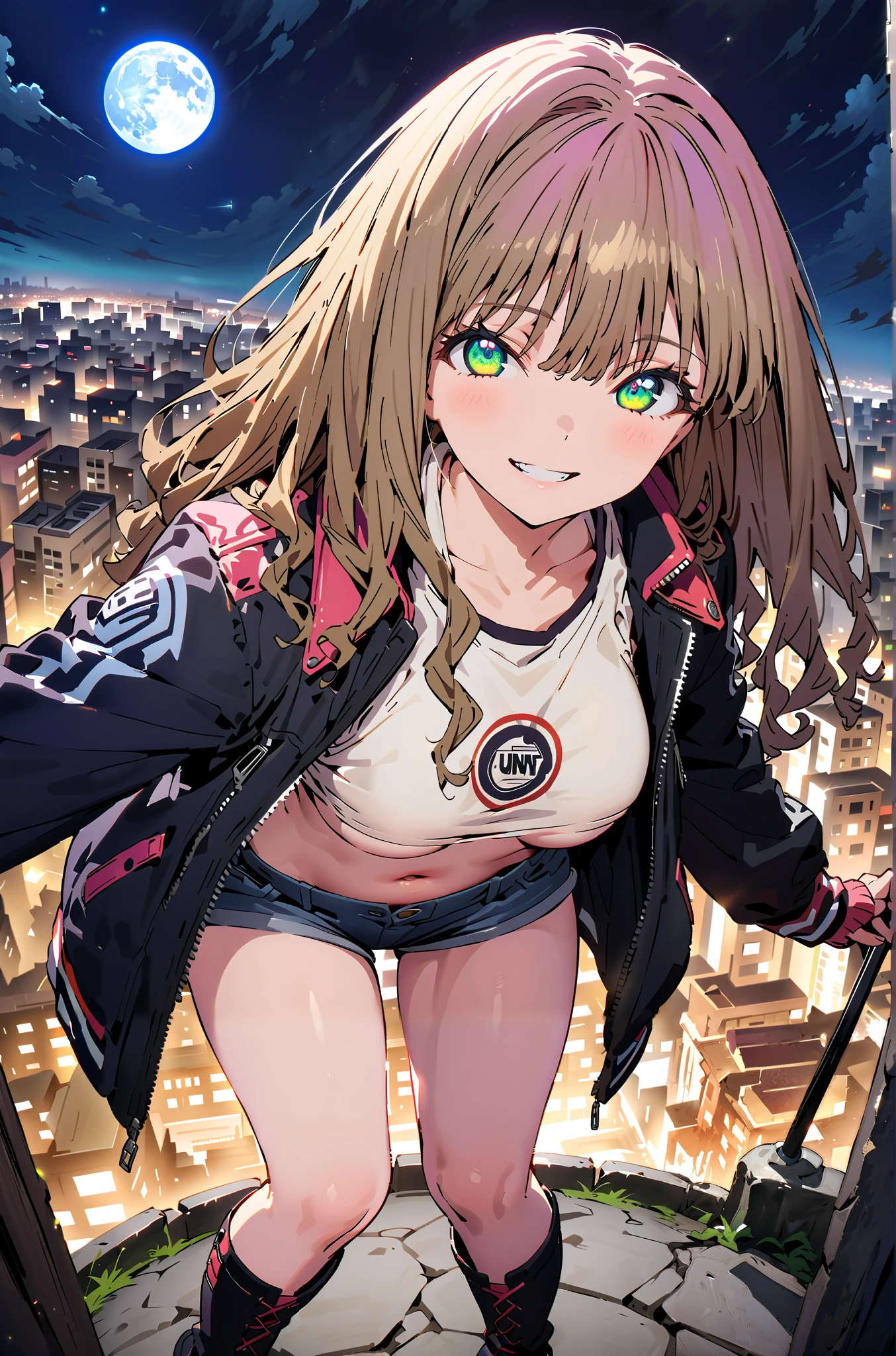 yume minami, long hair, brown hair, green eyes, bungs,smile,cover, grin ,Half Up Do Medium Breast,Riders Jacket, white tank top,belly button stick,under boob,Denim Micro Shorts,Bare legs,boots,Nōn,night,moon,is standing,full bodyがillustrationに入るように,break outdoors, City,
break looking at viewer,full body,
break (masterpiece:1.2), best quality, high resolution, Unity 8k Wallpaper, (illustration:0.8), (beautiful detailed eyes:1.6), very detailed face, so that it fits into the illustration, extremely detailed CG, (curved body, Complete anatomy),
