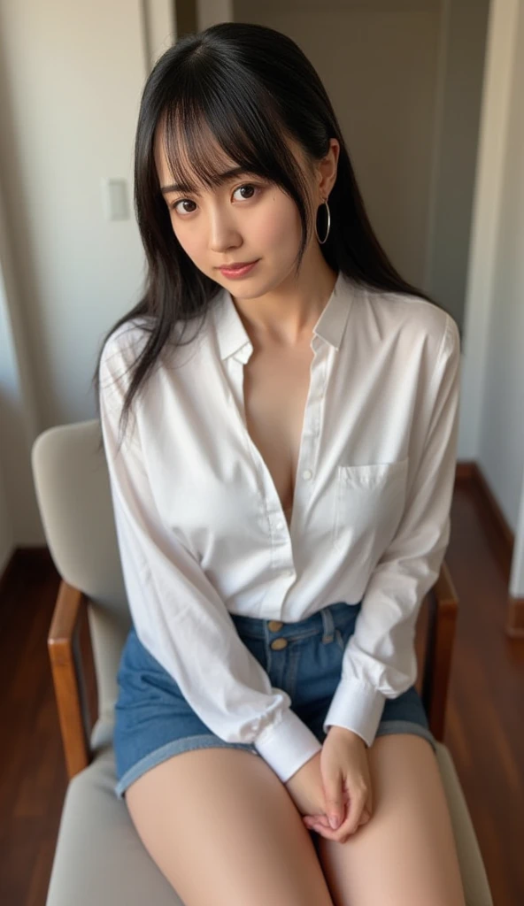 ( round face, bangs, ponytail, By Ferris boat), masterpiece, best quality, photo, japanese 14 years old high school girl, micro mini pleated skirt, shirt unbuttoned and open, nipples visible, not wearing bra, not wearing panties, lying on bed, viewer can see female genitalia and nipples, front, provocative smile on viewer's face, Full body figure, baby face, Bold Pose,