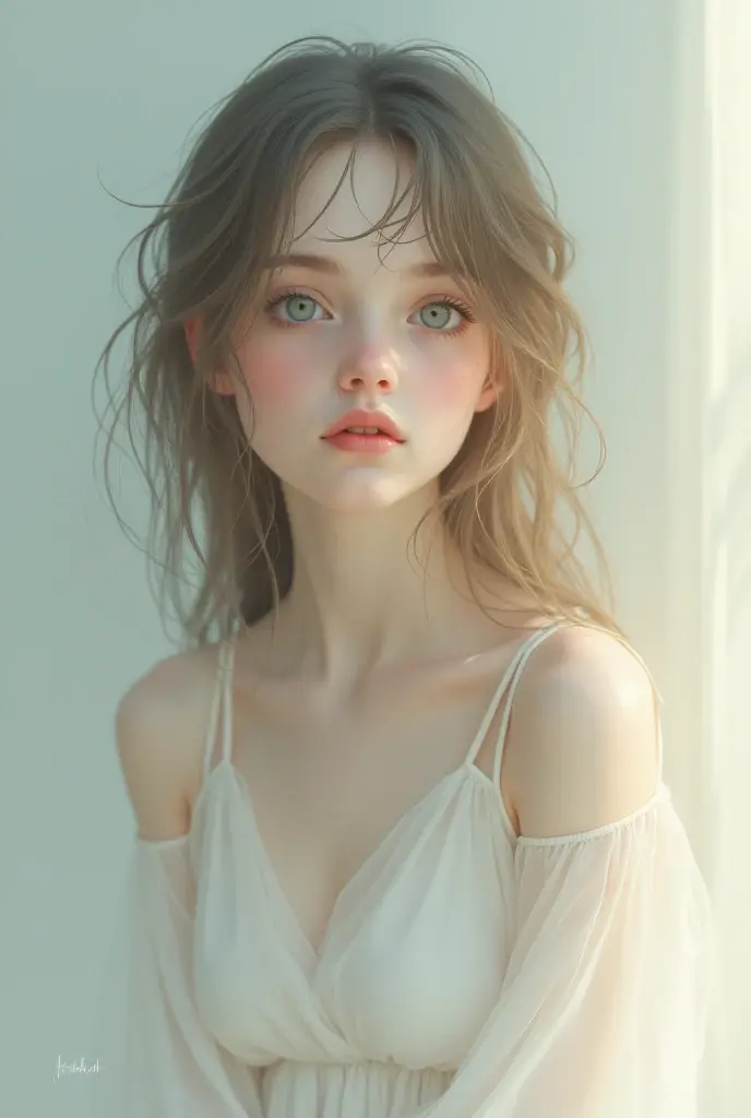 1girl, beautiful teenage girl, very small breasts, short wavy brown hair, portrait, oil painting, modern, realistic proportions, intricate, intricate details, sharp focus