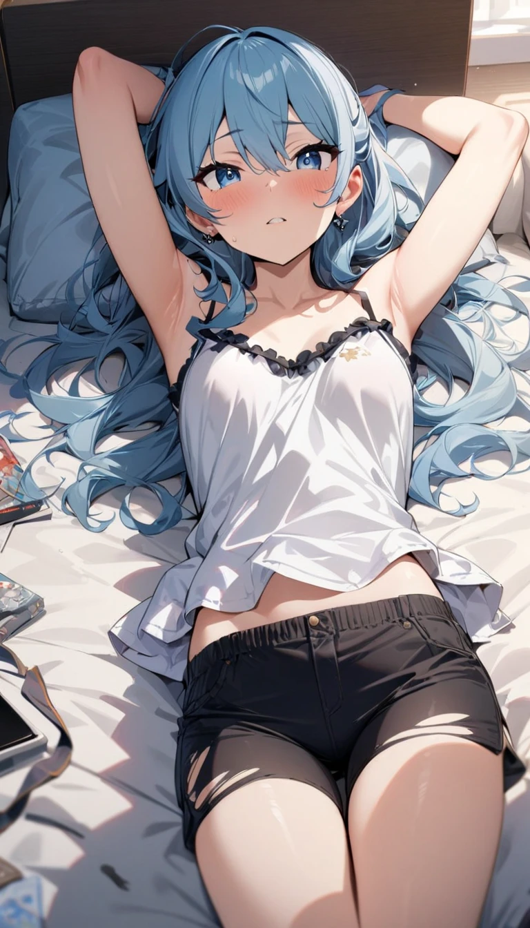 happy expression, Bruce Timm style, masterpiece, light-blue hair, grey eyes, freckles, smile, BREAK naked, sneakers, perfect anatomy, perfect hands, , perfect anatomy, perfect hands, very long hair, flat chest, multiple angles, dakimakura, on bed, butt,