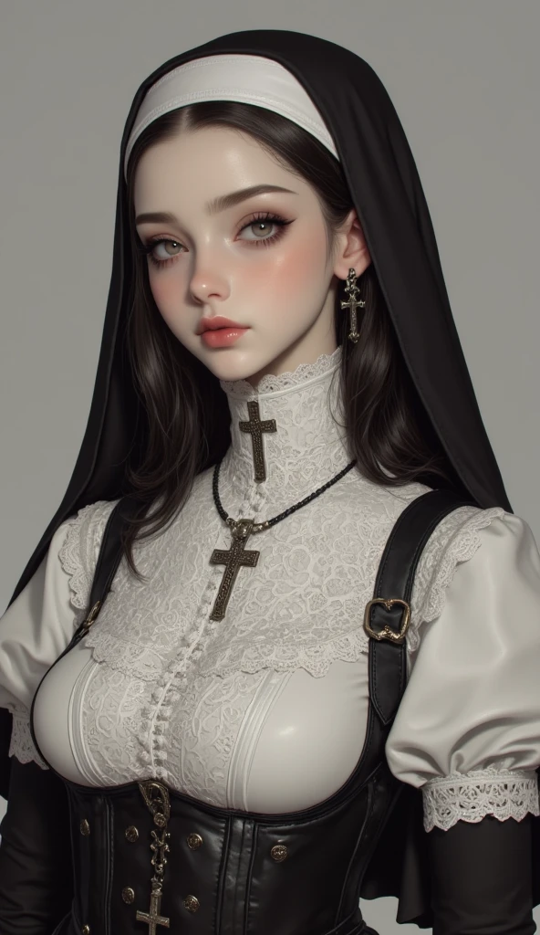 gquality, 1girl. solo. long hair. looking at viewer. shirt. black hair. jewelry. closed mouth. white shirt. upper body. collared shirt. necklace. Crown. Gold crown. cross. realistic. cross necklace