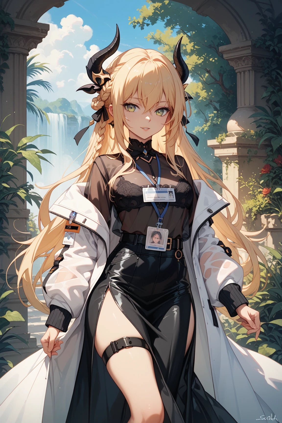 (masterpiece, best quality:1.2), <lora:littlenoah_noah-11:0.9>, cowboy shot, solo, 1girl, noah, smile, looking at viewer, hand on hip, eyepatch, labcoat, vertical-striped thighhighs, (elbow gloves:1.1)