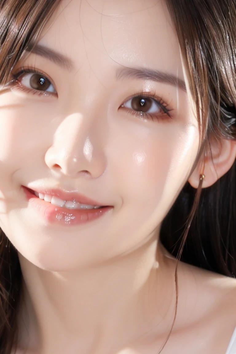 highest quality, masterpiece, ultra high resolution, (realistic:1.5), (close portrait) RAW photo, 1 girl, 22 years ago,super close up of face,Face in the mirror,super close-up photo,just out of the bath,(((Sleeping hair))),facial moisturizing cream,Are you okay, beautiful skin,transparent skin,(smile),((smile showing teeth))masterpiece, realistic pictures, japanese pictures, saturation, contrast, long hair