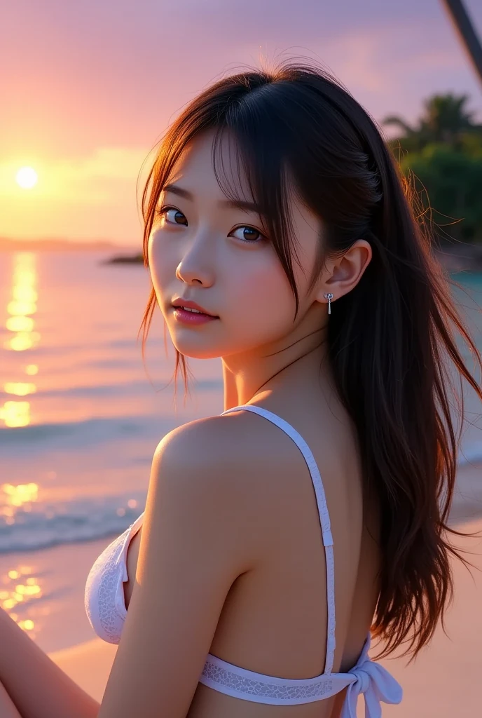 A serene sunset beach scene featuring a young woman with short brown hair, styled with a delicate braid on one side, and vibrant amber eyes. She is wearing a red and white striped bikini top with a simple bow at the center. Her expression is soft and calm, giving off a peaceful vibe, complemented by her gentle smile. She wears matching turquoise teardrop earrings, which catch the warm glow of the setting sun. The background showcases a golden sunset, with the sun reflecting on the calm ocean waves and a distant shoreline visible on the horizon. The lighting is warm, casting a soft, golden glow on her skin and highlighting her hair. The scene is captured from a front-facing perspective, focusing on the character while allowing the vibrant sunset and tranquil sea to frame the moment beautifully.