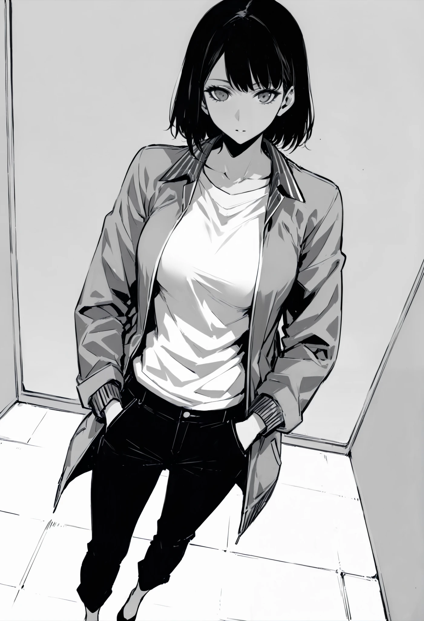 score_9, score_8_up, score_7_up, ((masterpiece,best quality)), monochrome, greyscale, monochrome,no hatching, torso image, monochrome,best quality, high resolution, clean background, high contrast,Masterpiece, manga art, line art, high angle, unshaded, 1girl, white hime cut, full body image, defined long eyelashes, grey eyes, wearing a jacket, hand in pocket, black pants, front facing, great composition, perfection