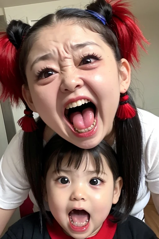 Korean,5 years old,,woman,Show only the face,smile,Open your mouth and eyes wide,stick your long tongue out of your mouth