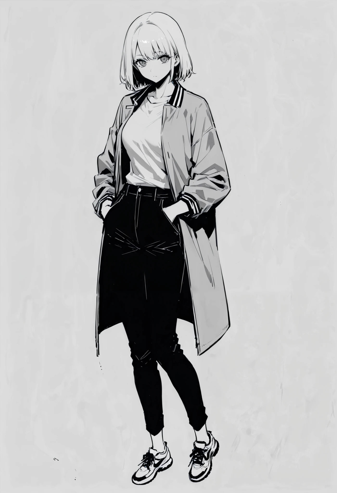 score_9, score_8_up, score_7_up, ((masterpiece,best quality)), monochrome, greyscale, monochrome,no hatching, torso image, monochrome,best quality, high resolution, clean background, high contrast,Masterpiece, manga art, line art, high angle, unshaded, 1girl, white hime cut, full body image, defined long eyelashes, grey eyes, wearing a jacket, hand in pocket, black pants, front facing, great composition, perfection

