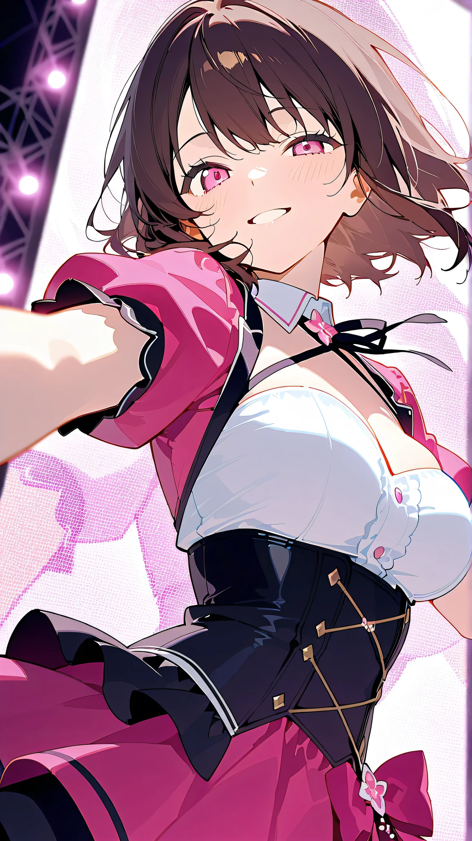Manyuu Chifusa,black hair,medium hair,suger-suger-min, ssmabenana, pink dress, miniskirt, ponytail,