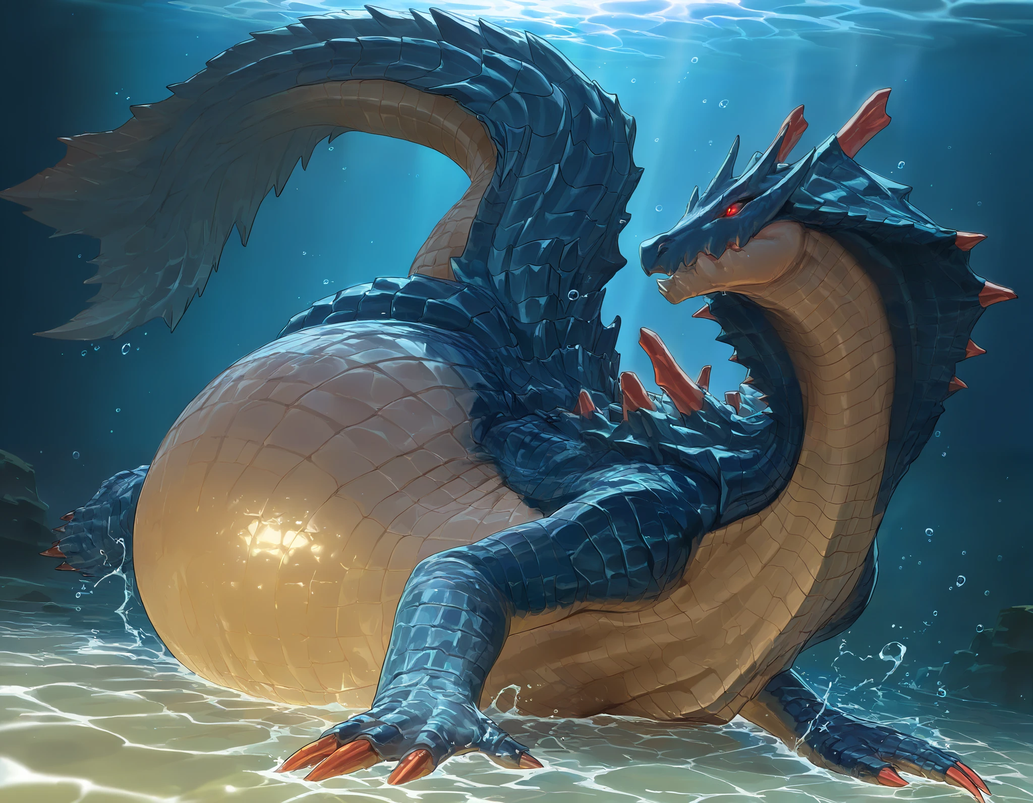 nyalia,masterpiece,best quality,high quality,shaded,amazing quality,very aesthetic,absurdres,newest,cinematic lighting,digital media \(artwork\),depth of field, focus on belly,mhlagi,solo,feral,detailed background,underwater, detailed head, red eyes,slit pupils,blue scales,side three-quarter view, side view, top down view,dynamic pose,dutch angle,tail,floating,bubbles, on top of belly, gigantic belly, hyper inflated belly, lagiacrus belly inflation, massive lagiacrus belly. belly is gigantic and massive