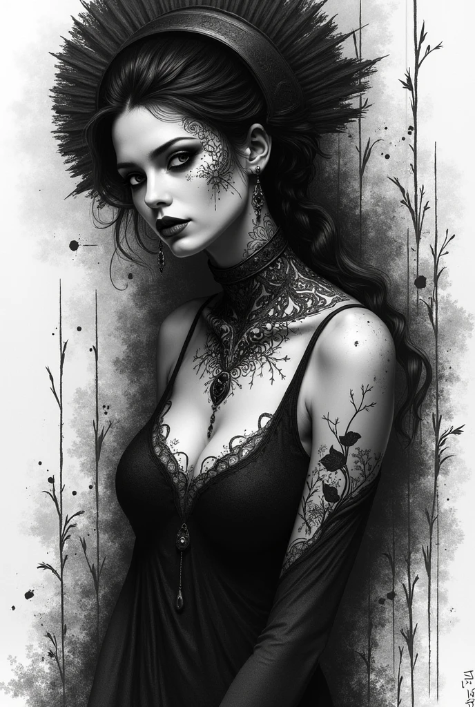 Gothic girl with tattoos and piercings placed in front of the devil, androgynous vampire, Vampire fashion, vampire of clan lasombra, dark fantasy style art, fashionable dark witch, Gothic aesthetics, dark vampire, Vampire girl, seductive cyberpunk dark fantasy, dark fantasy mixed with realism, dark art style, fantasy dark art, dark fantasy style, by Yang J