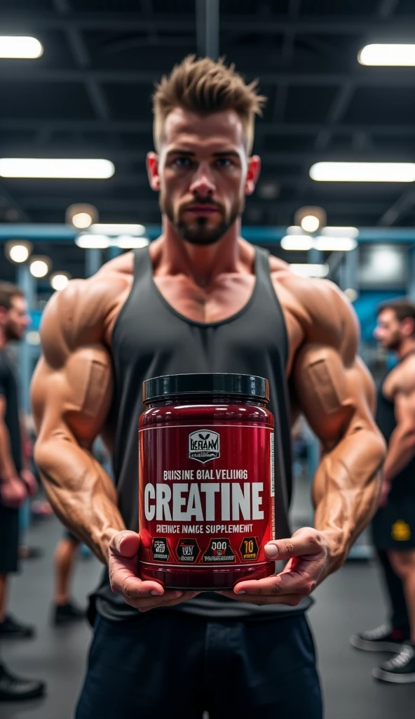300g creatine jar on top of bodybuilding equipment with a strong man behind on equipment with blurred image