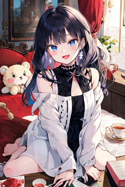 ((masterpiece))、((highest quality))、((super resolution))、(very beautiful and detailed)、official art、Virtual YouTuber、8K、very CG、game CG、icon、wallpaper、sharp focus、Written in depth、Very simple background、Smooth anime CG art、azur lane style、girls front line style、cute girl anime visual、photo shoot:1.55、Less exposure of the body:1.3、close to the viewer:1.3、view audience、The straight line distance between her and the viewer is 40 cm.)、Light from above at an angle、soft light、one person:1.3、solo:1.3、tall、young woman、 Ideal body shape、perfect waist、big breasts、Bust 87、white skin、bright makeup、Wolf ears、high ponytail、dark blue hair、hair that shines in natural light、messy hair、Ahoge、clear light blue eyes、shining eyes、glowing eyes、heart shaped contacts、gray theme、simple white t-shirt、unbranded shirt、It was shiny、size doesn't fit、He wears an oversized T-shirt that extends from his shoulders to his waist.:2.0、No bra、No panties、No underwear、barefoot、blush、sexual excitement、It's a little hard to breathe、spoiled 、a little shy、wet、Stuffy、Sexy、So cute、Confident、provocation、relaxed、Calm、sitting on a very large soft cushion