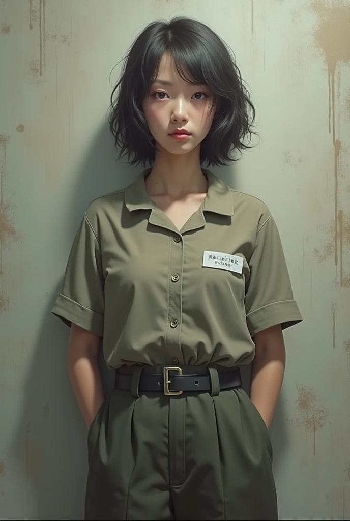 photograph、prisonの番号が書かれたセーラー服を着た美しい高校生の少女が登場するシーン,彼女は金属格子で囲まれた薄暗いSolitary confinementの中にいる, The girl has a sad look,設定は小さなベッドのある典型的なprisonのSolitary confinementです, Iron-barred windows, Worn floor. The overall atmosphere is heavy、Thoughtful, The soft lighting accentuates her emotions.,photograph,prison,Japanese high school girl as a female prisoner, Round sexy ass,Big natural wet breasts, prisonの設定, Solitary confinement,Handcuffs on both hands,Restrained by chains,Jail,Connecting both handcuffs with a chain,Chain on the waist,Crotch rope,