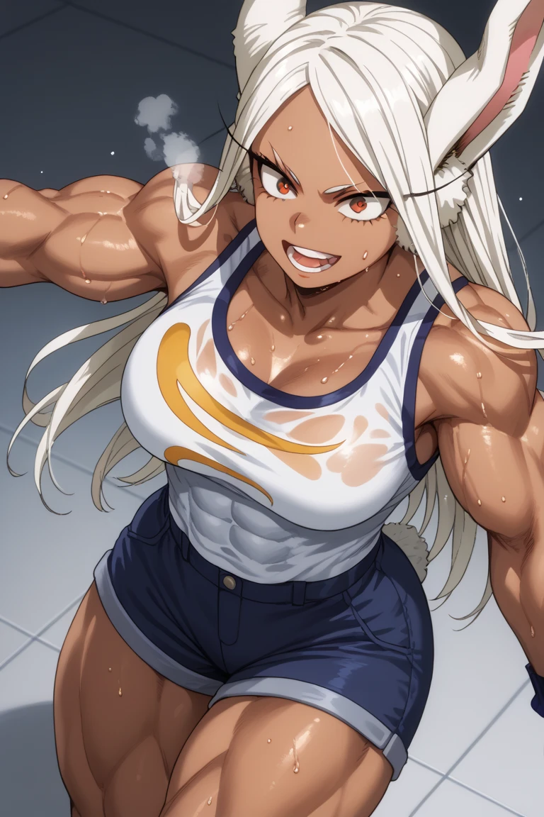 in a gym, angry, medium breasts, wide hips, big ass,Miruko, blushing,sweating, hands on own hips