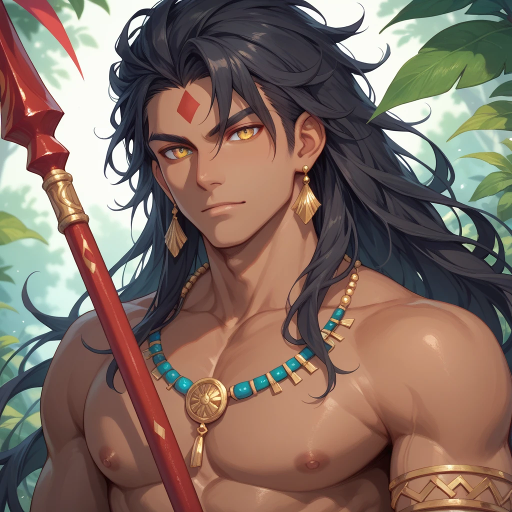 Black Skin, No Top, Young Man, 1boy, Male, Manly, Prince of Persia, Leaky Waist, Jewelry, Brilliant, Long Curly Hair, Black Hair, Dark Skin, Emerald Eyes, Gold Waist Chain, Armband, Thin Waist, Bare Leg, Barefoot, Anklet, Bracelet, Bracelet, Ring, Dynamic Pose, Dramatic Composition, Carpet, Wounded, Battle Damage, Bleeding from the Corners of the Mouth, Kneeling, Carpet, Chain, Collar, Cage