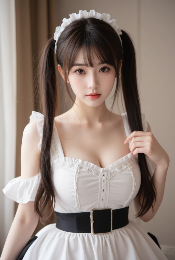 (((masterpiece))),(((highest quality))),(((Very detailed))), (Very realistic illustrations:1.8), (Brown Hair Medium Hair、See-through bangs), (Twin tails:1.5), (Thin Hair:1.3), (Hair accessories are not permitted), (Small breasts), A strong wind is blowing, indoor, Day, Realistic Background, Official Art, Browsing Caution, (Best Anatomy), (Soft Skin:1.2), (Beautiful oil skin with ultra-high resolution:1.2), skirt, Light-colored clothing, Draw the whole body、Cleavage