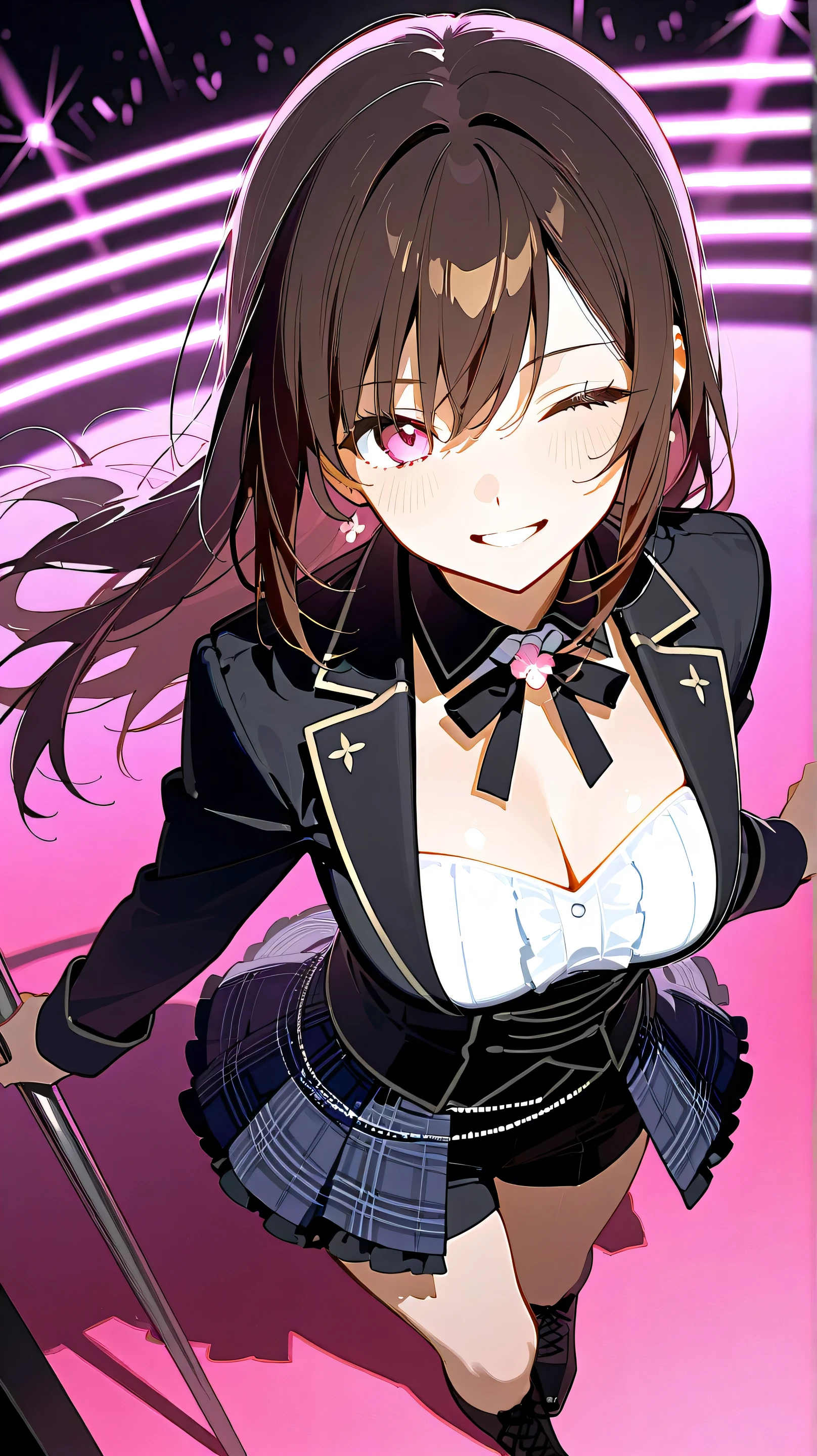 best quality, masterpiece, 1girl, (solo:1.1), raytracing, ultra detailed,detailed face, 8k wallpaper, wide hips, smile, HimejimaAkenoNDV, 1girl, black hair, large breasts, very long hair, purple eyes, red skirt, school uniform, shirt, corset, ponytail, hair ribbon, ribbon, outdoor,