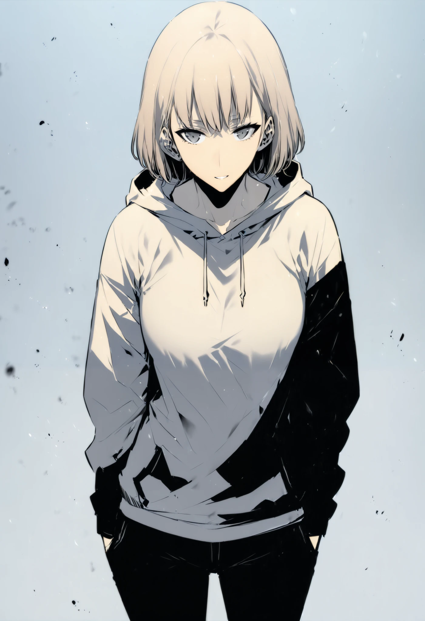 score_9, score_8_up, score_7_up, ((masterpiece,best quality)), monochrome, greyscale, monochrome,no hatching, torso image, monochrome,best quality, high resolution, clean background, high contrast,Masterpiece, manga art, line art, high angle, unshaded, 1girl, white hime cut, full body image, defined long eyelashes, grey eyes, wearing a hoodie, black sleeve cover, black pants, front facing, great composition, perfection