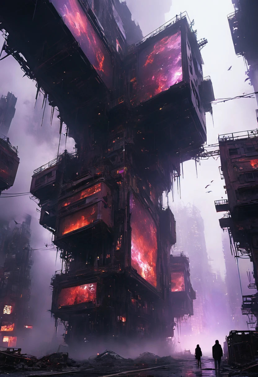 cyberpunk、A city colored red and purple、1 woman、Messy Buildings、 ruined city、 landscape silhouette installation by Ridley Scott:  dystopian explosions, but 、Extremely detailed and beautiful - luminescent decomposed science and technology A plan in the fog of parts,  a group of birds flying away .  in a complex fusion of metals , 
Very Well Detailed, high resolution, RAW photograph, masterpiece, 最high quality of wavy lines, Best Quality, official art,Most detailed, Atmosphere lighting, cinematic composition, Complex multiple subjects, 4K HDR, vibrant, very detailed, Leica Q2 with Summilux 35mm f/1.2 ASPH, 超high resolution, wallpaper, 8k, Textured Details, Super Detail, detail eyes, detailed background, dramatic angle, narrative poem, high quality of wavy lines , (8k, RAW photo, 最high quality of wavy lines), surreal,solo, long hair, 