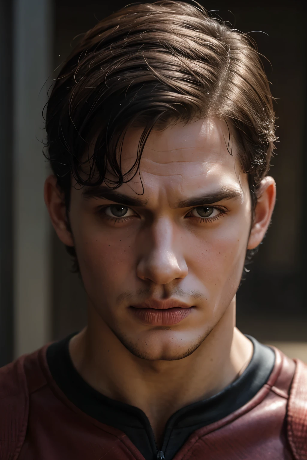 Generate an image of a male adolescent, mix of Tom Hardy and Henry Cavill, with classic physical features, expressive eyes, straight nose and marked lips. athletic and muscular body, with an average to tall height. Dark hair and marked texture. Expression of trust and security, with intensity and passion in their actions. realistic style, with precise details and natural textures. Age: 16-18 years old . Soft and natural lighting.