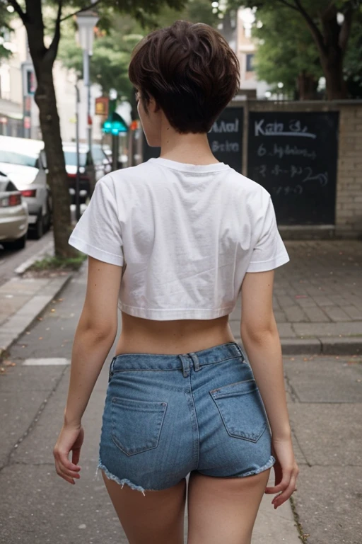 brown skin girl, brown hair and dark eyes, with a white shirt that shows the upper part of his back and short blue shorts looking towards the sky in a park