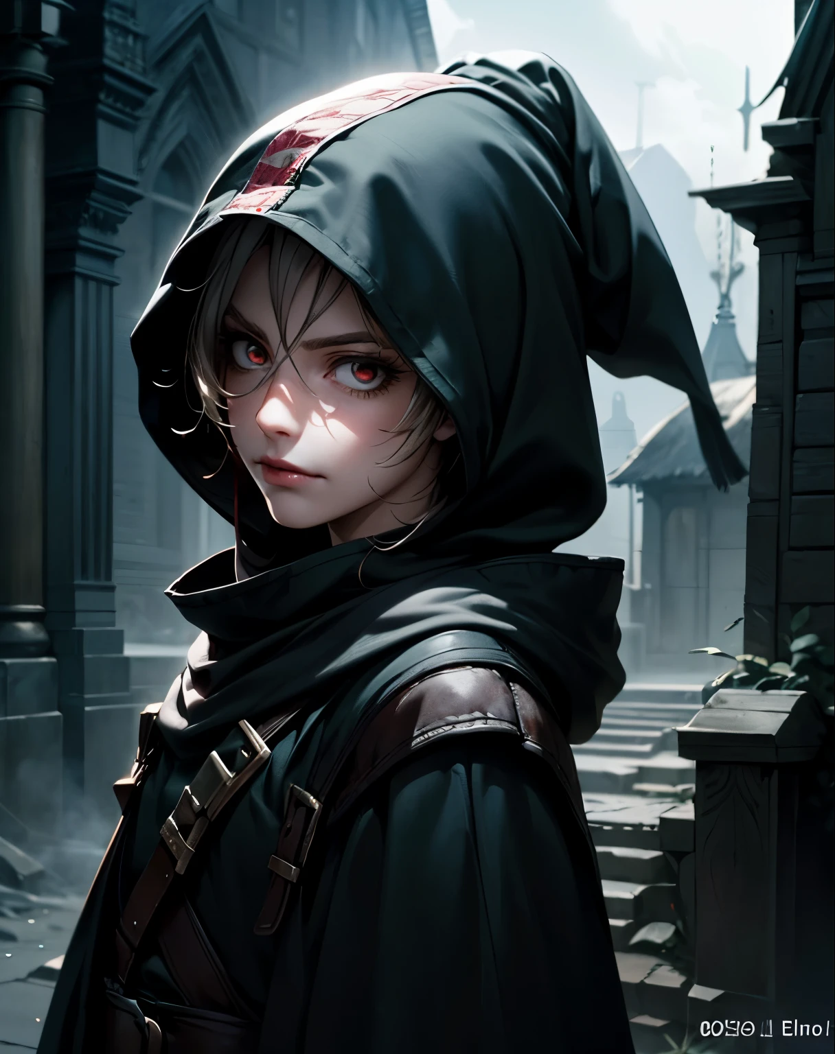 upper body, looking at viewer, 1boy, solo, black wizard cloak, (covered head, hidden face), dark fantasy city, very short gray and white shaggy hair, red eyes, brutal, some smirked, detalized face, anime, with buckle and tape, bloodborne, (masterpiece, top quality, best quality, extreme detailed, highest detailed, official art, cinematic composition), (eyeliner:0.5),(blush:0.5), below_view, (Highest Quality)