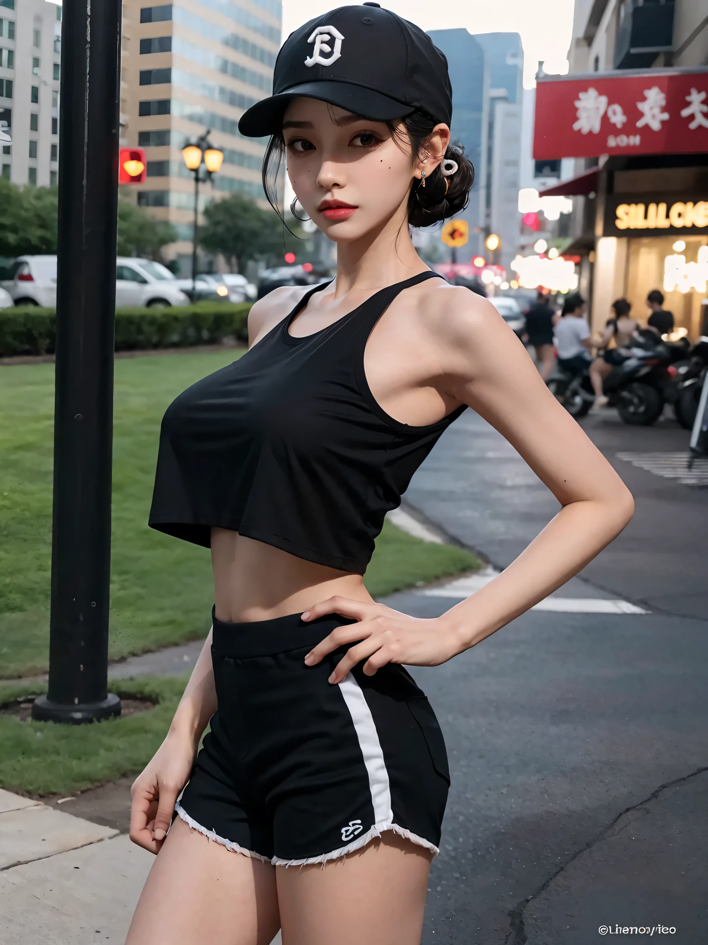 A perfect young female,Chinese in tank top and shorts, over size t-shirt and shorts, chinese women's fashion model, smooth color tight clothes suit, CG rendering, Blurred background, deep shadow, 16K, bokered, Very detailed, wallpaper, depth of field, movie light, lens flare, Ray tracing.