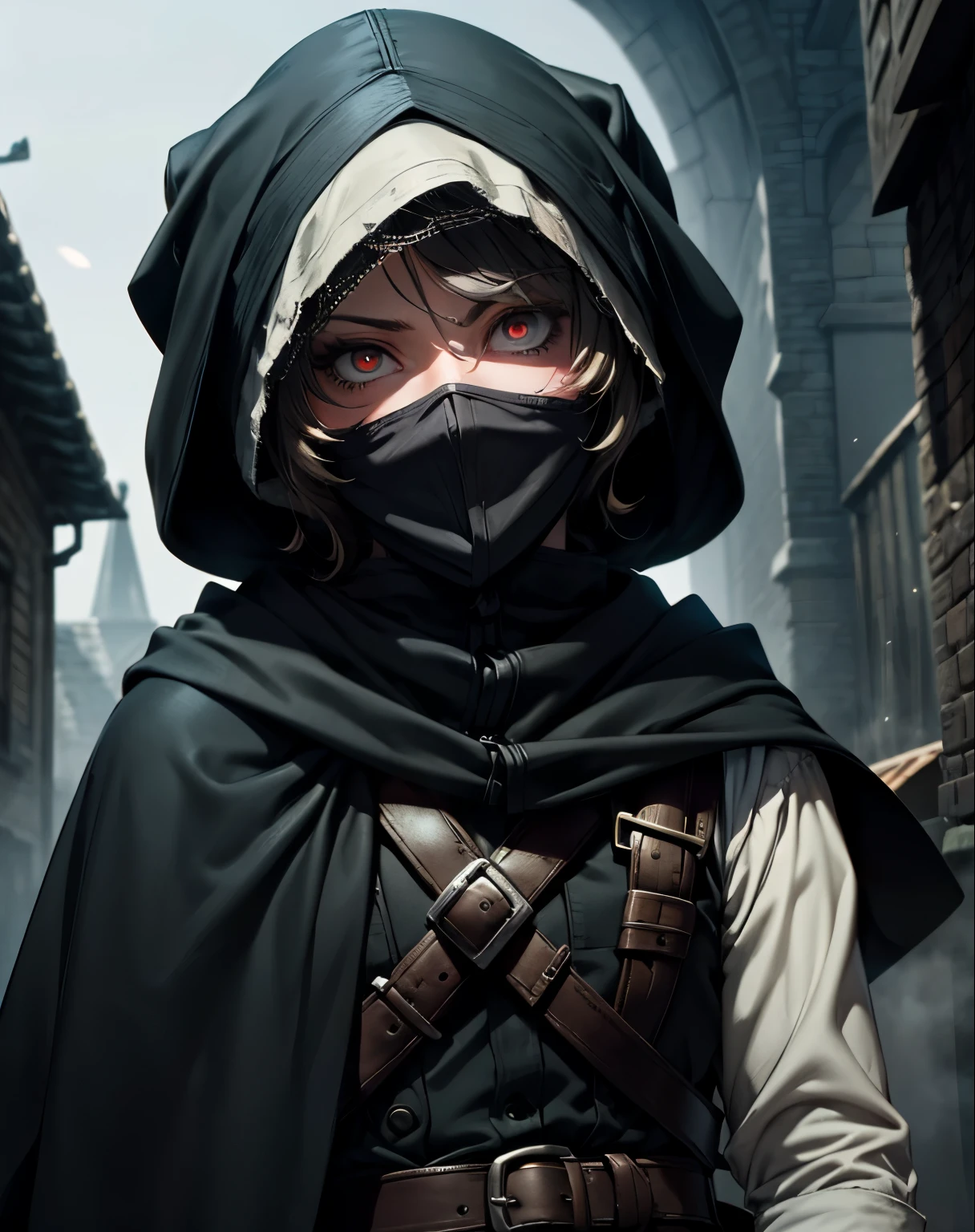 upper body, looking at viewer, 1boy, solo, black wizard cloak, (covered head, hidden face), dark fantasy city, very short gray and white shaggy hair, red eyes, brutal, some smirked, detalized face, anime, with buckle and tape, bloodborne, (masterpiece, top quality, best quality, extreme detailed, highest detailed, official art, cinematic composition), (eyeliner:0.5),(blush:0.5), below_view, (Highest Quality)
