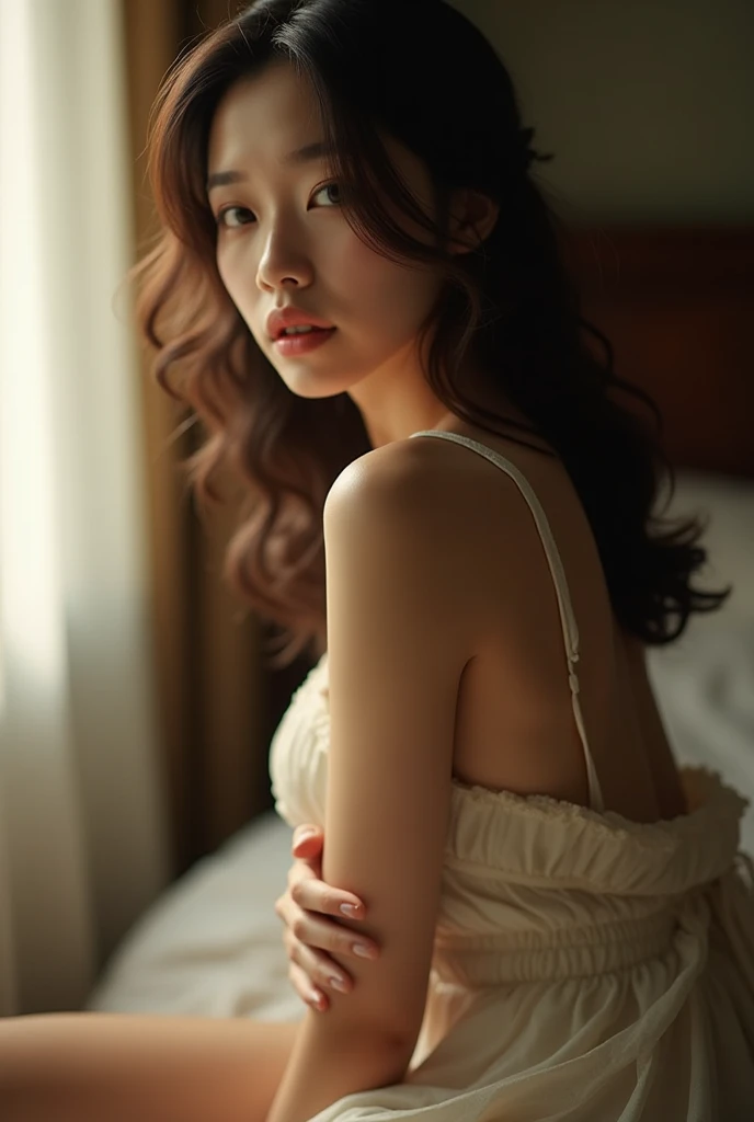 (best quality), beautiful woman, aesthetic, ((perfect body, perfect boobs, large breasts, perfect thighs)), ((seductived faced, perfect face, detailed face)), ((long brunette messy hair, detailed hair)), ((wearing erotic clothes, deep v neck, detailed clothes)), ((sitting on bed, relax, looking away)), ((realistic, aesthetic photo)), ((dim light, sunset, bedroom, window view background)), ((high saturation, high resolution, best lighting, best shadow, hyper realistic photo, hd, 8k)), ((dynamic angle, head to thigh, cowboy shot CS, rewarded photography))