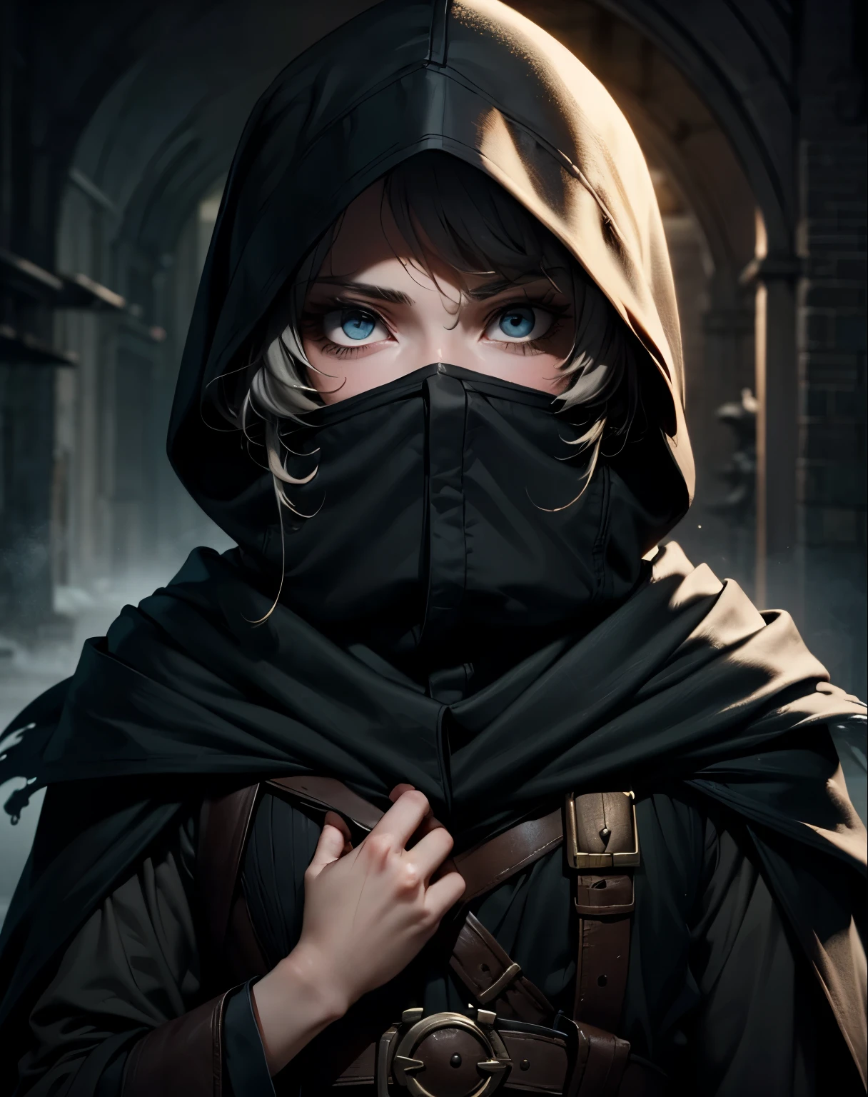 upper body, looking at viewer, 1boy, solo, black wizard cloak, (covered head, hidden face), dark fantasy city, very short gray and white shaggy hair, white eyes, brutal, some smirked, detalized face, anime, with buckle and tape, bloodborne, (masterpiece, top quality, best quality, extreme detailed, highest detailed, official art, cinematic composition), (eyeliner:0.5),(blush:0.5), below_view, (Highest Quality)