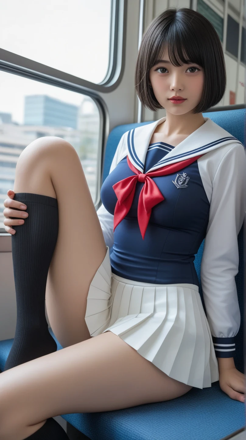 top-quality,ultra - detailed,tmasterpiece,hentail realism,photoreali,Bright lighting,1 girl in, an extremely beautiful 17-year-old girl, (kawaii:1.2),thin smile, (Brown eyes),(A brown-haired),(By bangs),perfect glossy shiny skins,Flawless skin,((erotick,Sexy and sexually explicit)),((Precise pointers,There is no incongruity)), Large full breasts,Big breasts Thin waist, looki at viewer,((a sailor suit)),((Short sleeve uniform white shirt)),(red necktie),(Blue mini pleated skirt),(((skirt lift by yourself))),(lifted by self),(showing panties),panties on,panty focus,((Sit up,spread their legs)), sockes, (Black Knee Socks),(Loafer shoes), In the daytime,On the train,Horizontal bench seat with your back to the window,chest looming