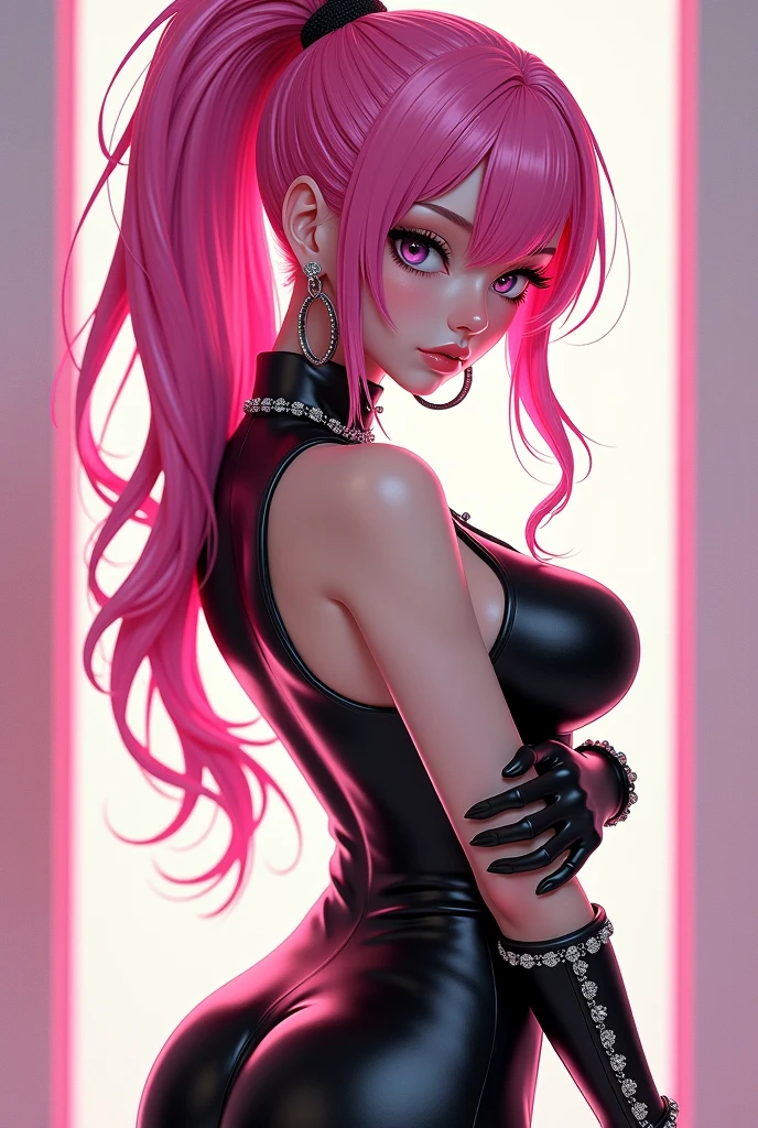 cat woman, dressed in pink, cat eyes, sexy pose, half naked, cute blue eeys, sweet breasts, detailed face, detailed eyes, detailed hands, anime cuttie, pink hair