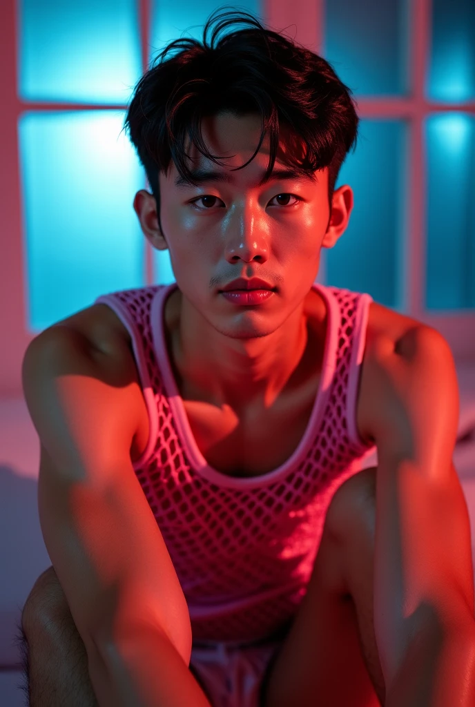 (8k, RAW Photos, Highest quality) masterpiece, 1 teenager, 18-year-old, Asian Muscular Man Watching the Viewer, Stand in front, Exposing his huge muscular chest, Puffy nipples, Sexy Six Pack, Tight waist, good looking, topless, Thick body hair, A man wearing thong underwear ,  Gradient Background, Shine & Sequin Backdrops , Cinema Lighting, Ultra-high resolution