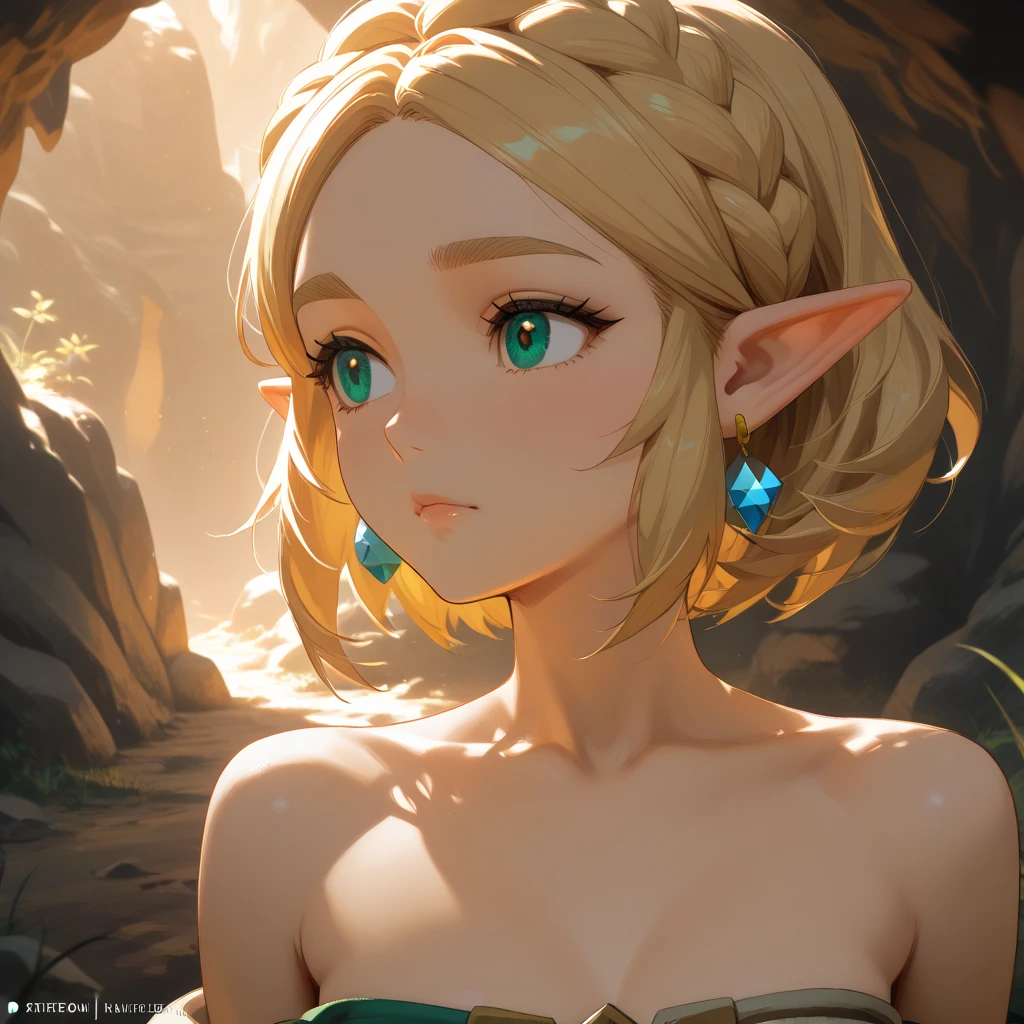 (masterpiece, best quality), intricate details, 1girl, 1girl,short hair,blonde hair,jewelry,earrings,pointy ears,bare shoulders,green eyes,bracelet,naked,circlet,collarbone,bare breasts, ancient forest background, nude body,
