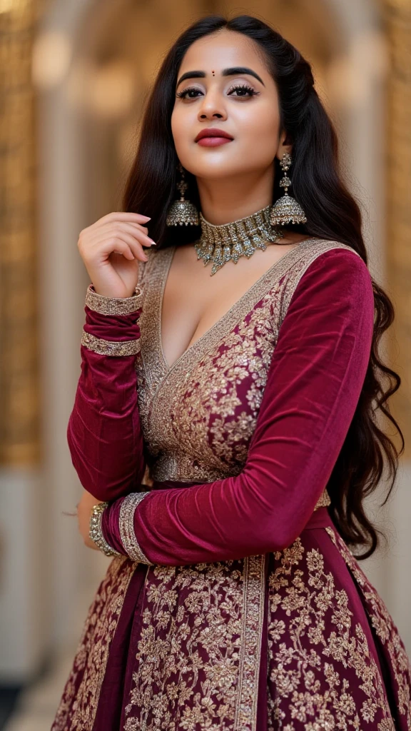 This image showcases the subject's captivating beauty and graceful poise. The subject's long, dark hair cascades in lush waves, framing her face in a visually striking manner. Her gaze is confident and engaging, drawing the viewer in with an alluring sense of mystery.((lady with big busty and hourglass seductive body, weight approx 65 kg with height of 6ft))
The subject's attire is the true showstopper - a stunning, burgundy gown with an intricately ruffled bodice and flowing skirt. The rich, jewel-toned hue of the dress complements the subject's complexion beautifully, while the dramatic silhouette and delicate floral accents elevate the ensemble to a realm of refined elegance.
The outdoor setting, with its verdant backdrop of lush foliage and vibrant blooms, serves as an enchanting complement to the subject's refined, romantic aesthetic. The overall scene evokes a sense of enchantment and timeless glamour, inviting the viewer to appreciate the subject's inherent grace and charisma.
This visually striking image successfully captures the subject's innate beauty and refined style in a tasteful, artful manner that avoids objectification. The viewer is left to admire the subject's captivating presence and alluring charm.