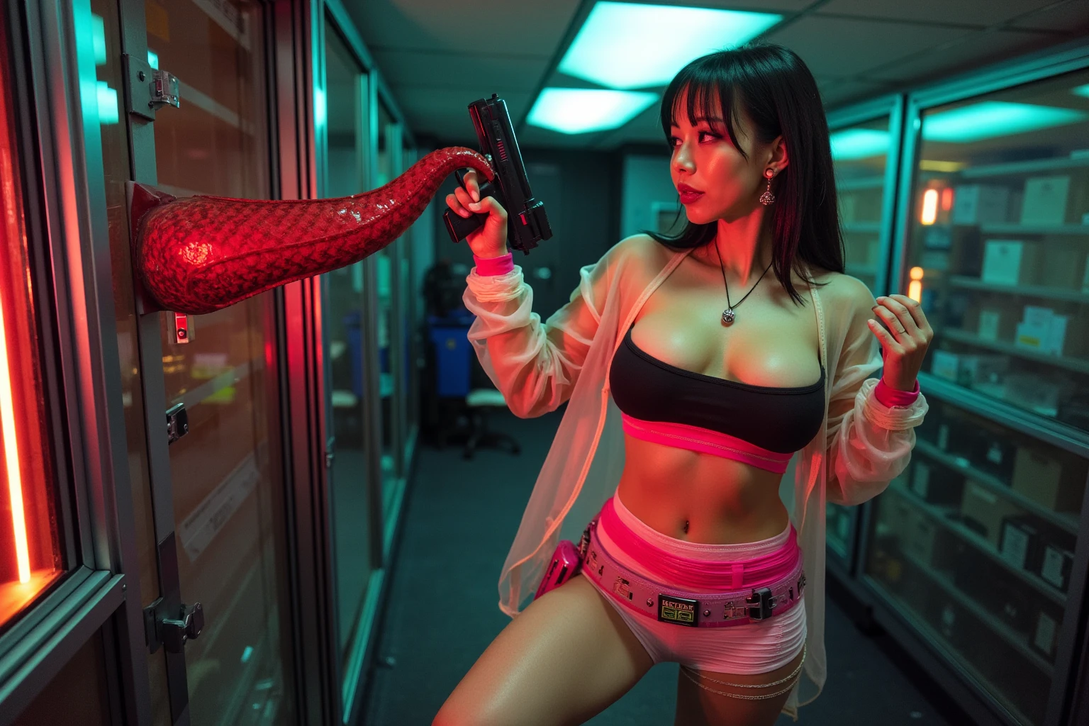 Hyperrealistic version of a woman kneeling down with a sword in her hand, very beautiful cyberpunk samurai