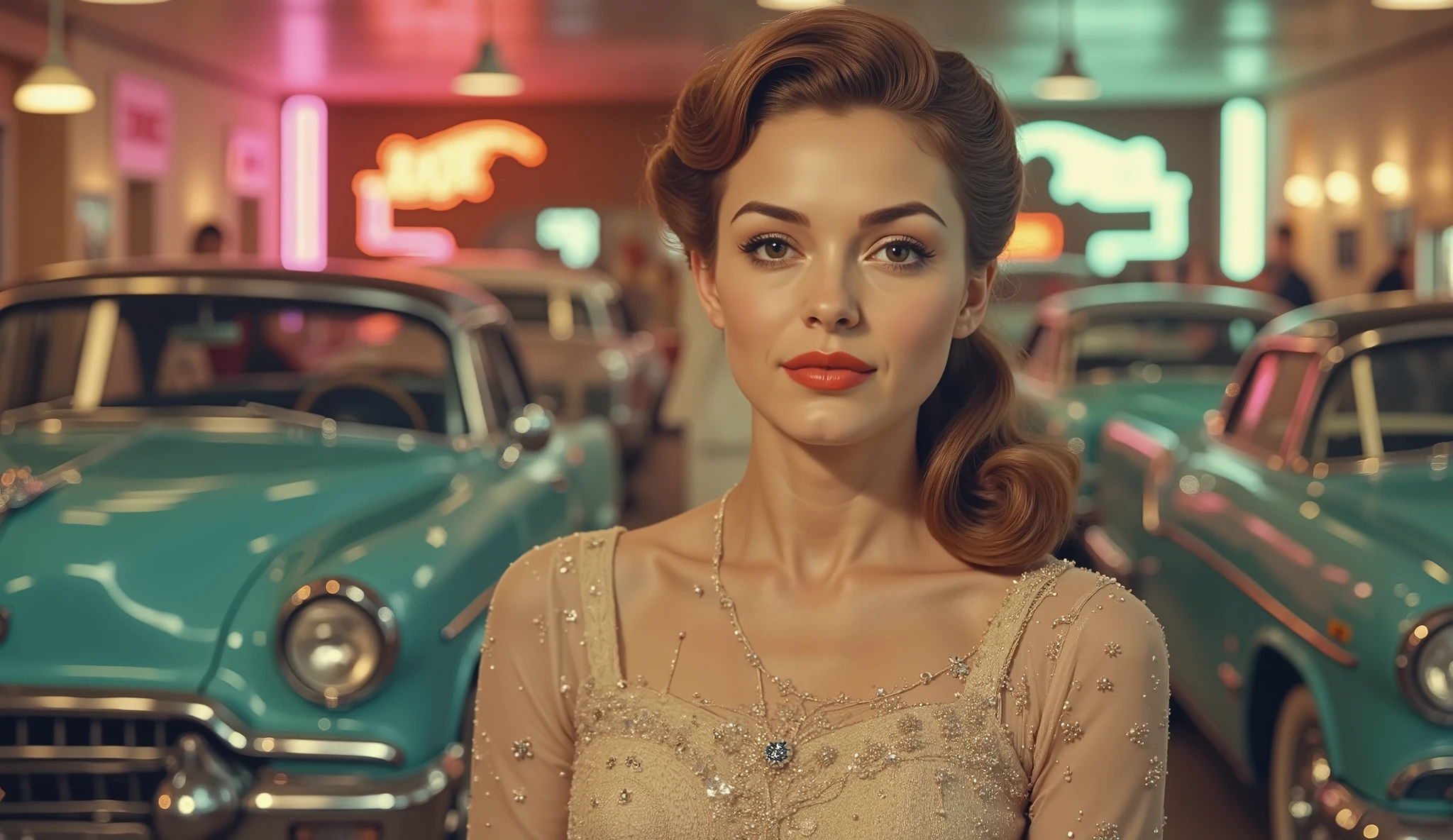 A woman, light-skinned and in her late 20s or early 30s, is centrally positioned in the image. She is dressed in a light beige, shimmering, beaded, vintage-style gown with long, sheer sleeves. Her hair is styled in a classic 1950s bouffant. Her facial features include defined eyebrows, hazel eyes, a delicate nose, and a subtle, confident smile. She has a slender, graceful build and is posing with a direct gaze, facing the viewer. The background showcases several vintage teal-colored cars in a showroom or garage. Neon lights in various vibrant colors, including pink, orange, and teal, create a dynamic and stylized environment, with the glow highlighting the woman and her attire. The lighting is soft but warm. The cars are blurred, creating a focus on the woman. The image displays a 1950s/60s aesthetic, with a vintage/retro color palette and a subtle, glamorous atmosphere. The composition is balanced, with the woman positioned slightly off-center to the right side of the frame. The perspective is from a slightly elevated position, looking down on her figure.