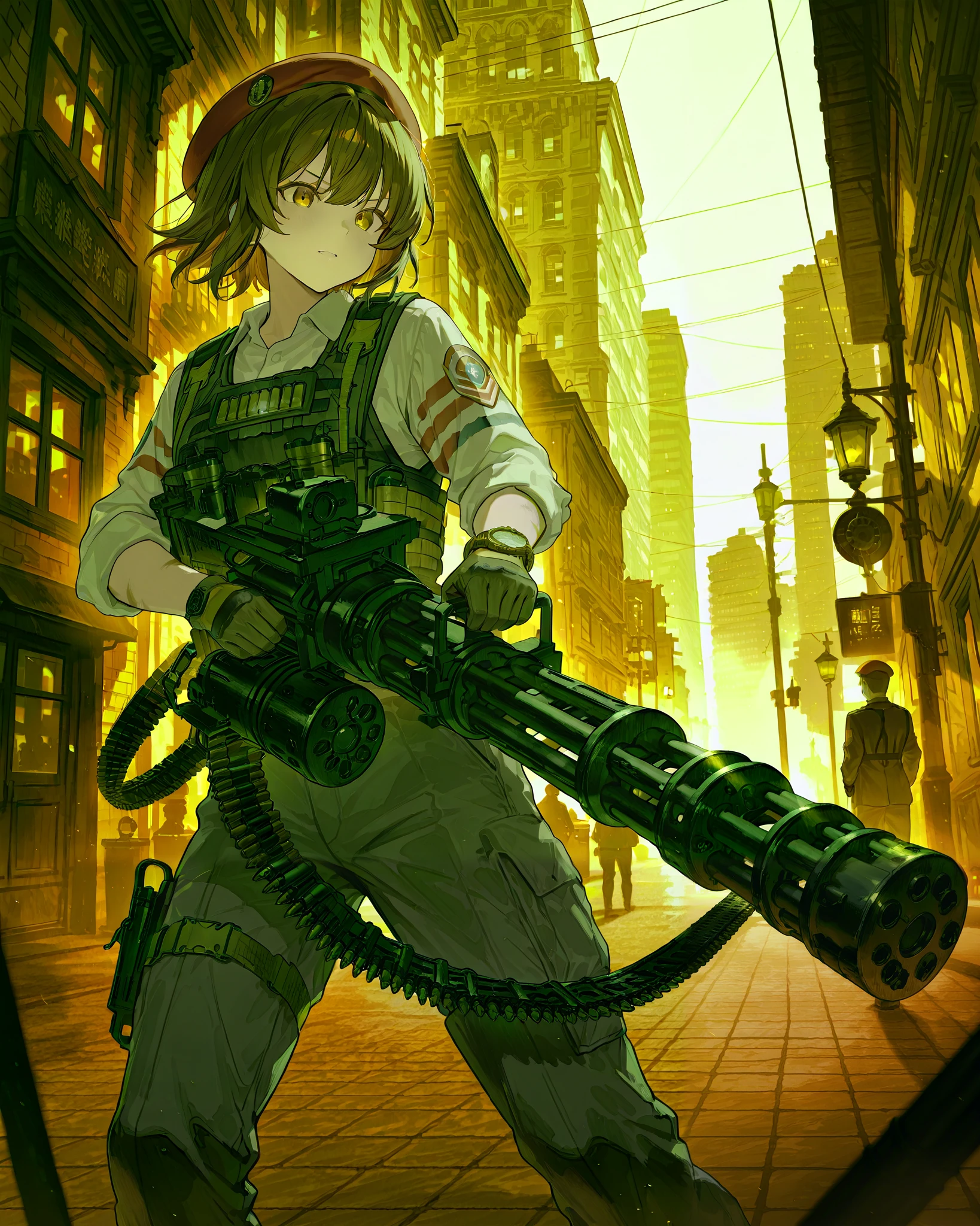 A powerful figure stands confidently in an urban environment, wearing a tactical outfit that includes a red, long-sleeved shirt and military vest with multiple pockets. He is equipped with protective gloves and a prominent watch, with an American flag patch on his arm. A red beret adorned with insignia complements the attire, while he firmly grips a large, sophisticated weapon. The background depicts a city street shrouded in fog, creating a dramatic, intense atmosphere with buildings in the distance. The scene is lit from the side, casting soft shadows and emphasizing the subject's imposing presence, captured in a focused manner with a shallow depth of field. c-m134, holding m134, two-handed, ammunition belt.